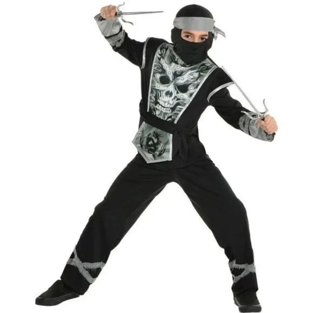 Skeleton Ninja Light Up Costume Kids Small 4-6 Top Pants Mask Scarf 4 Pc Set